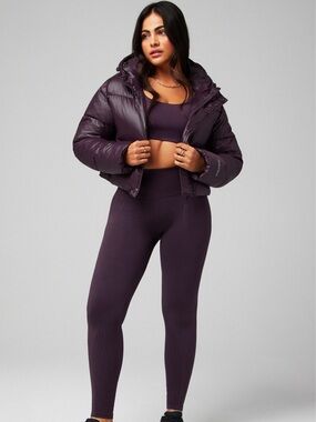 Fabletics Cropped Puffer Jacket Deep Plum Shine Size S